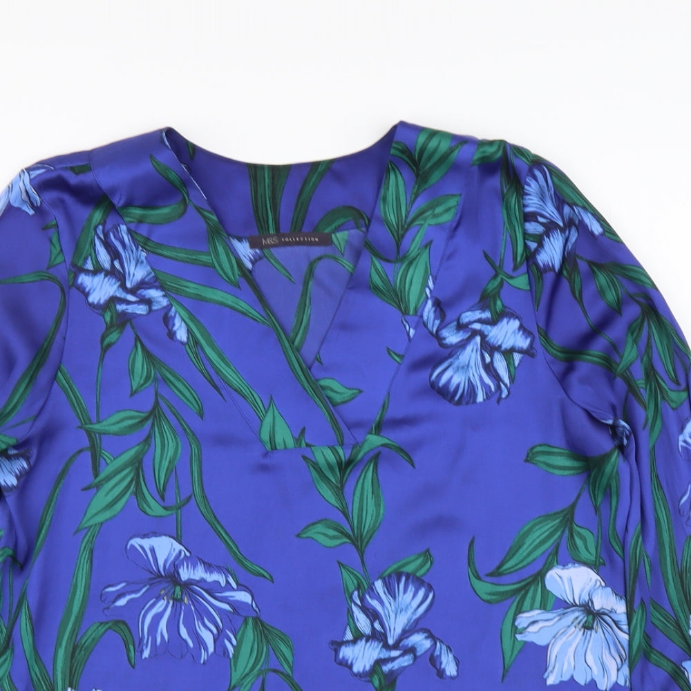 Marks and Spencer Womens Blue Floral Polyester Basic Blouse Size 10 V-Neck