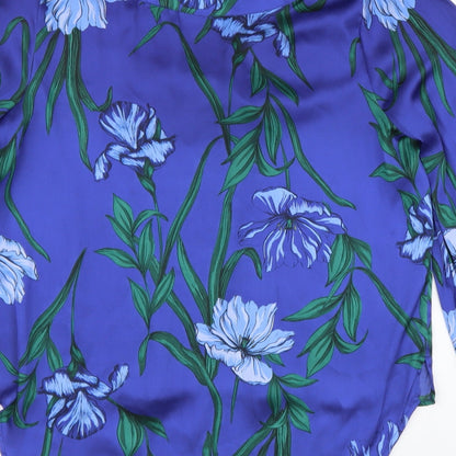 Marks and Spencer Womens Blue Floral Polyester Basic Blouse Size 10 V-Neck