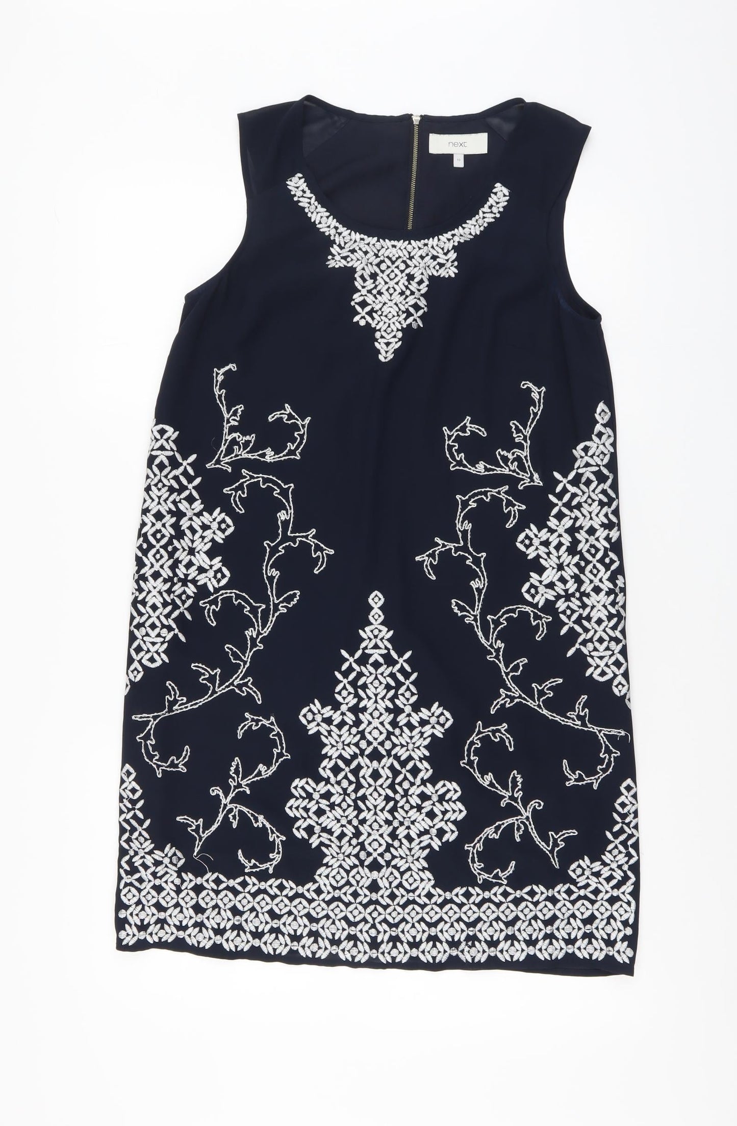 NEXT Womens Blue Geometric Polyester A-Line Size 10 Scoop Neck Zip