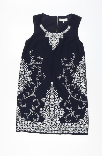 NEXT Womens Blue Geometric Polyester A-Line Size 10 Scoop Neck Zip