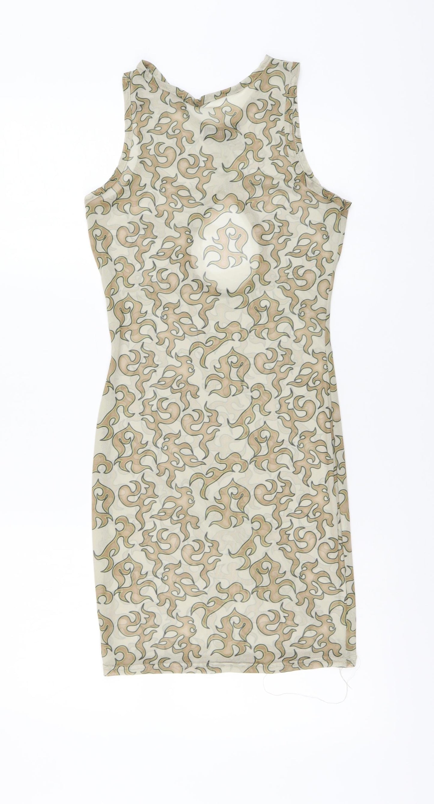 PRETTYLITTLETHING Womens Beige Geometric Polyester Bodycon Size 4 Round Neck Pullover