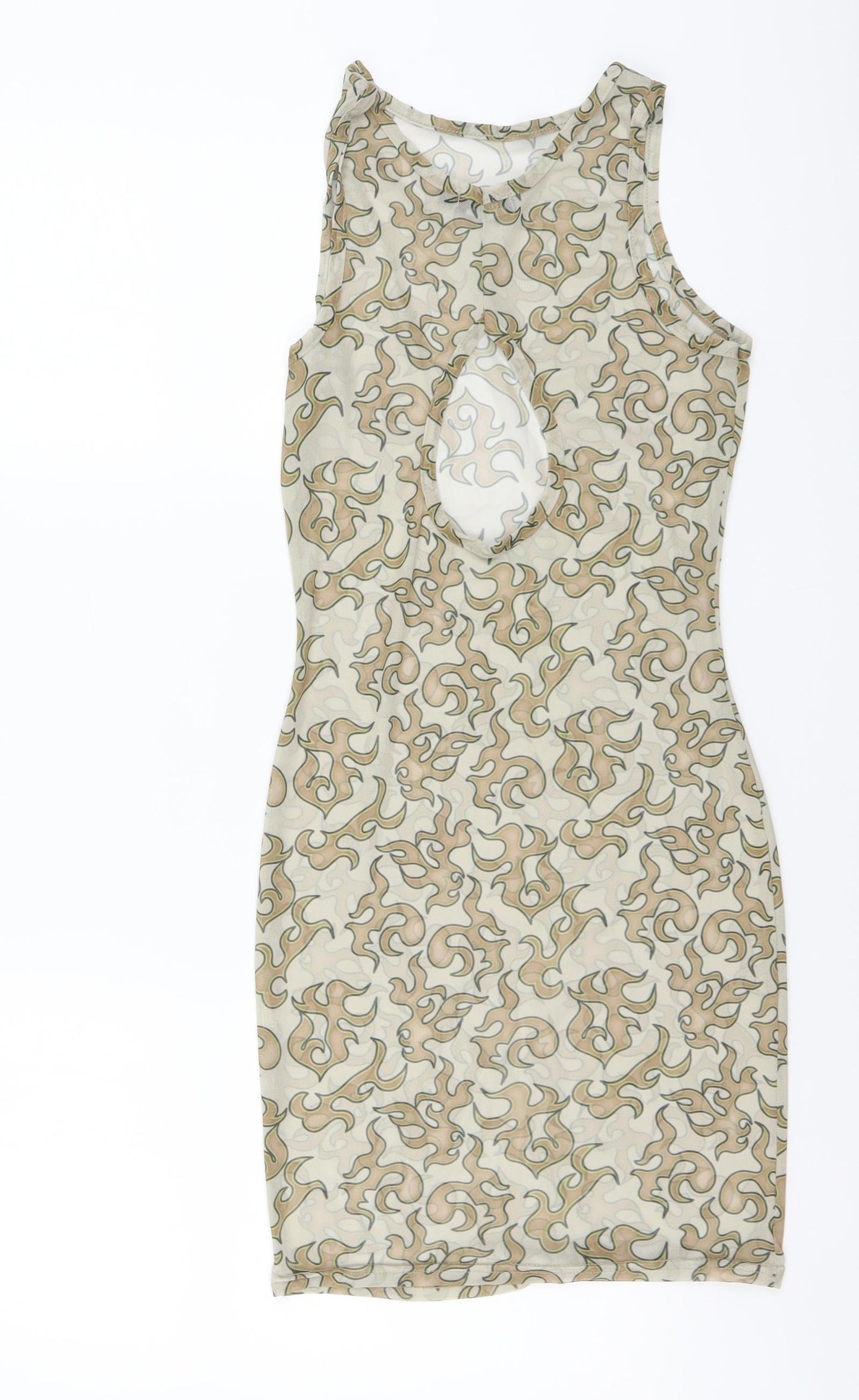 PRETTYLITTLETHING Womens Beige Geometric Polyester Bodycon Size 4 Round Neck Pullover