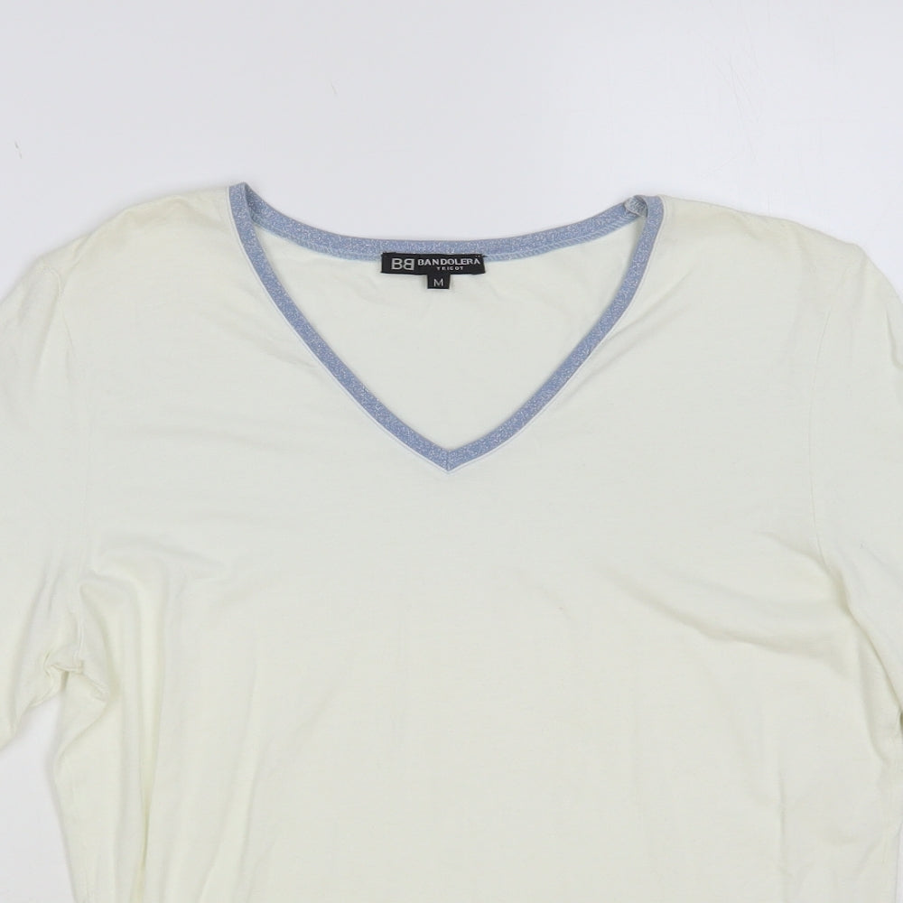 Bandolera Womens Ivory Viscose Basic T-Shirt Size M V-Neck