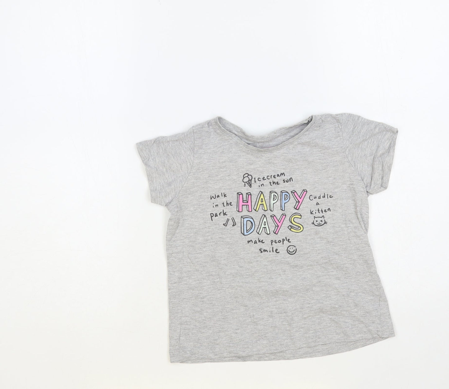 Primark Girls Grey Cotton Pullover T-Shirt Size 6-7 Years Crew Neck Pullover - Happy Days