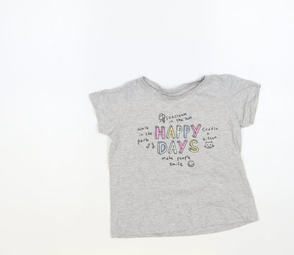 Primark Girls Grey Cotton Pullover T-Shirt Size 6-7 Years Crew Neck Pullover - Happy Days