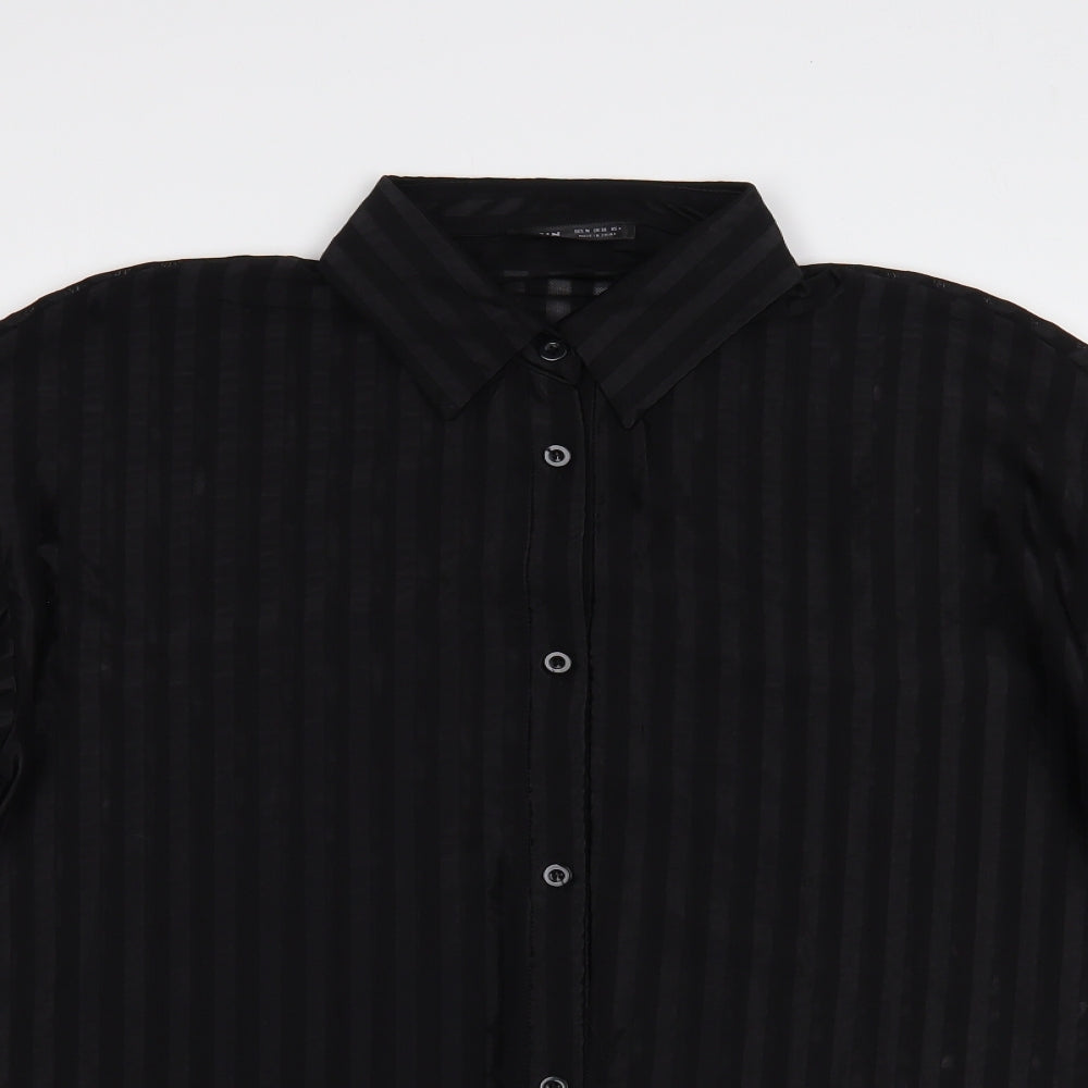 SheIn Womens Black Striped Polyester Tunic Button-Up Size M Collared