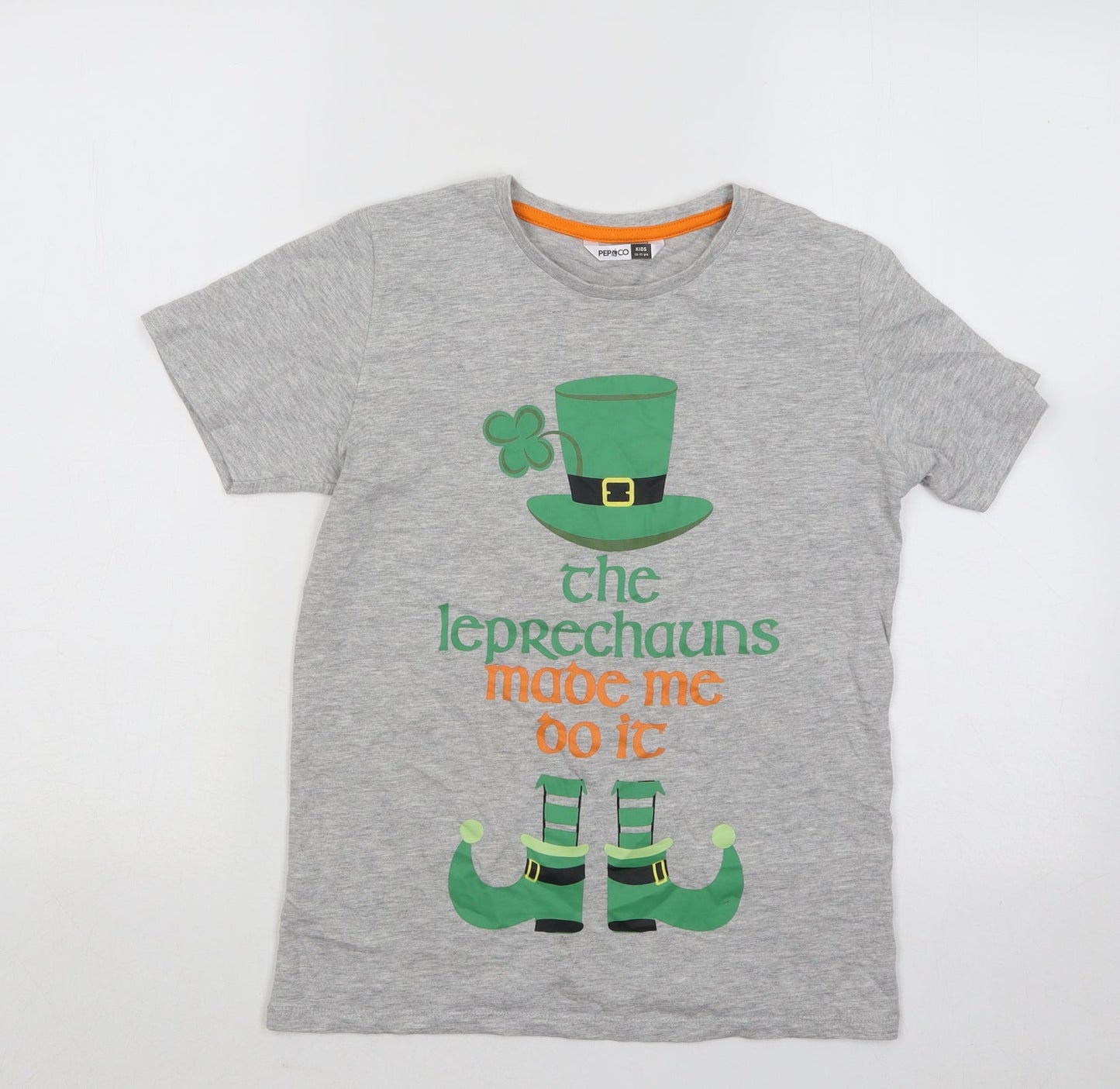 Pep&Co Boys Grey Cotton Basic T-Shirt Size 10-11 Years Round Neck Pullover - Leprechauns