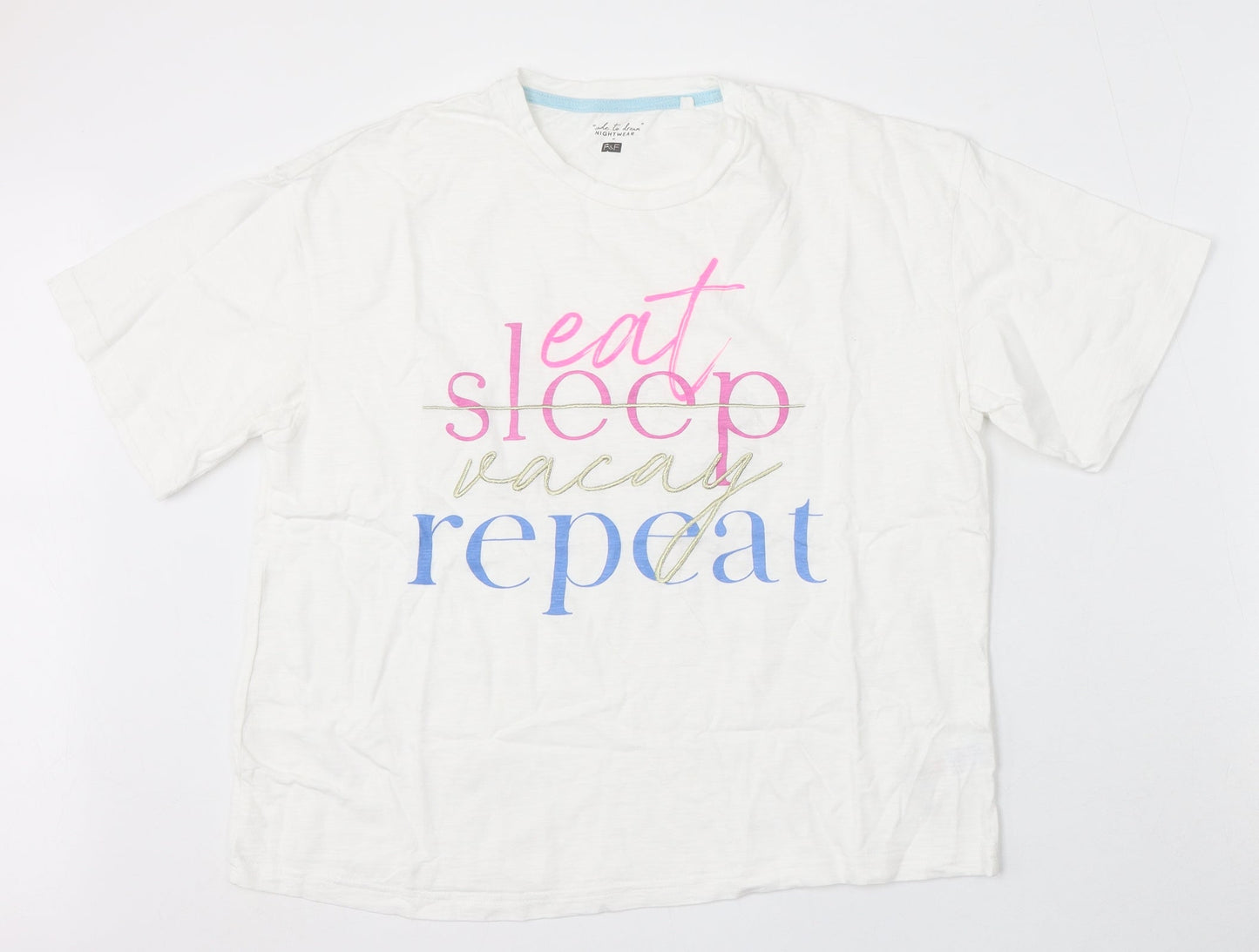F&F Womens White Cotton Basic T-Shirt Size 6 Round Neck - Eat Sleep Vacay Repeat
