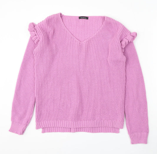 Boohoo Womens Purple V-Neck Acrylic Pullover Jumper Size M