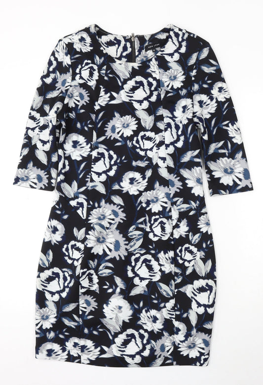 New Look Womens Blue Floral Polyester Bodycon Size 12 Round Neck Zip