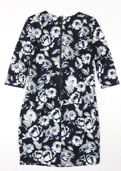 New Look Womens Blue Floral Polyester Bodycon Size 12 Round Neck Zip