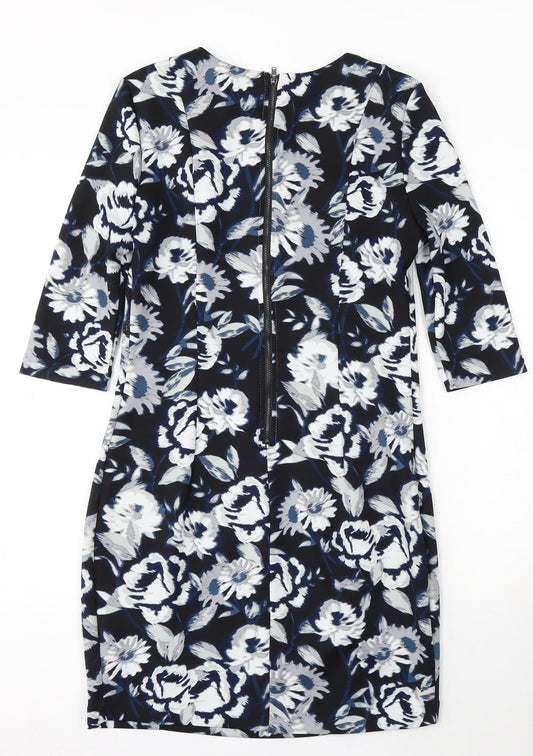 New Look Womens Blue Floral Polyester Bodycon Size 12 Round Neck Zip