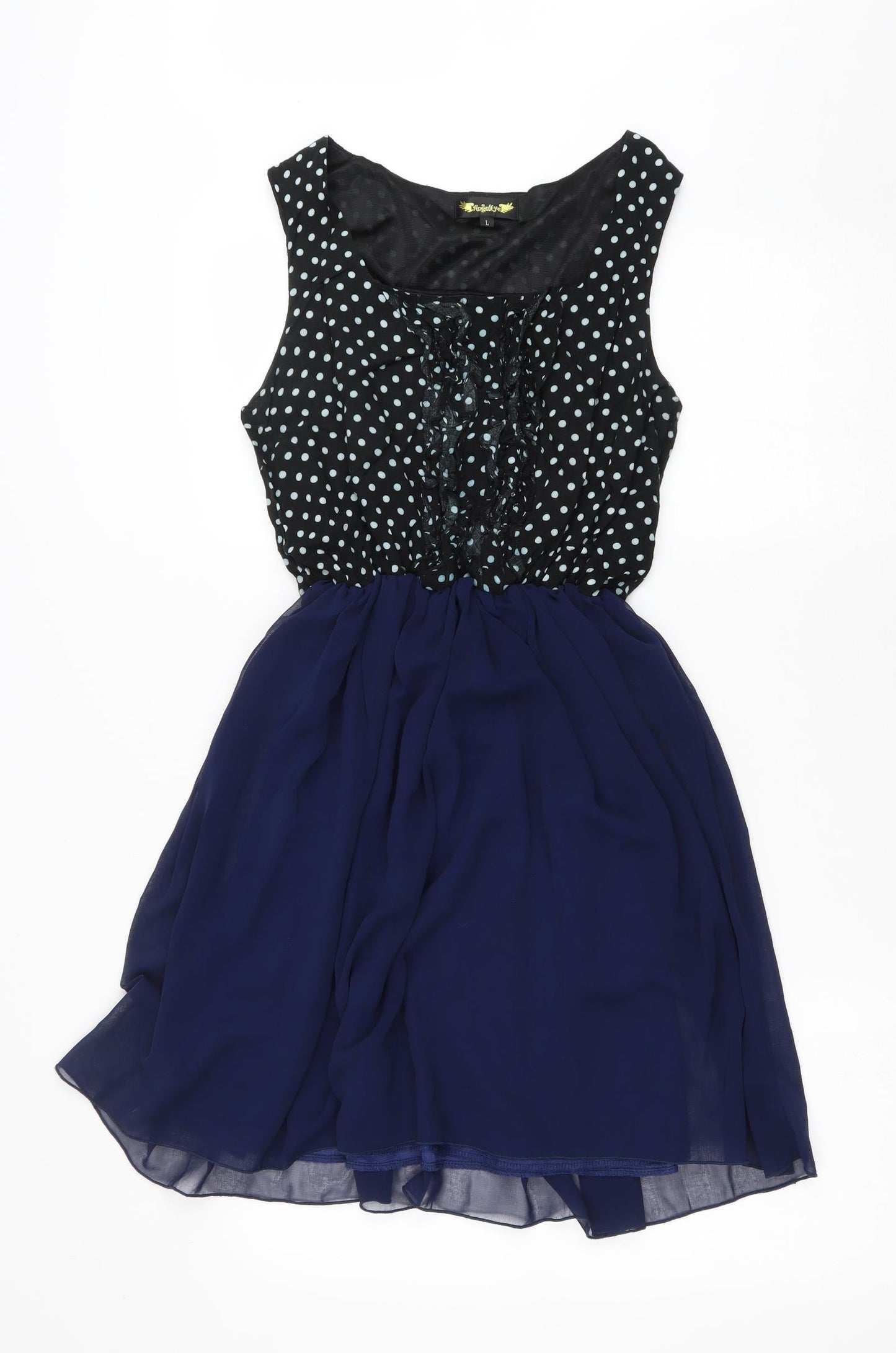 Angel Eye Womens Blue Polka Dot Polyester Fit & Flare Size L Scoop Neck