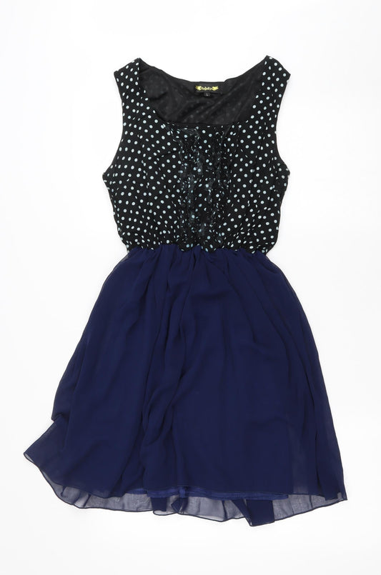 Angel Eye Womens Blue Polka Dot Polyester Fit & Flare Size L Scoop Neck