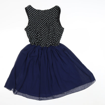 Angel Eye Womens Blue Polka Dot Polyester Fit & Flare Size L Scoop Neck