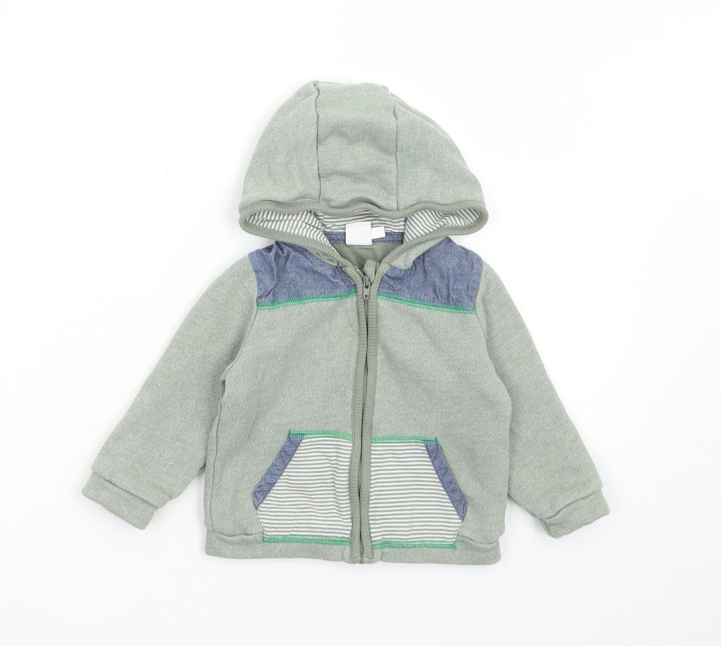 Mini Club Boys Green Striped Cotton Full Zip Jumper Size 9-12 Months Zip