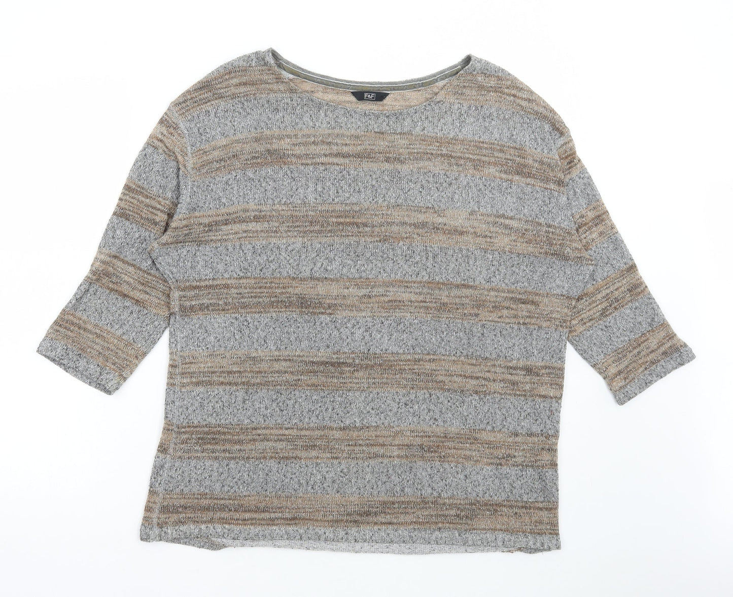 F&F Womens Grey Round Neck Striped Polyester Pullover Jumper Size 16