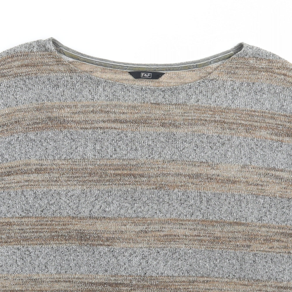F&F Womens Grey Round Neck Striped Polyester Pullover Jumper Size 16