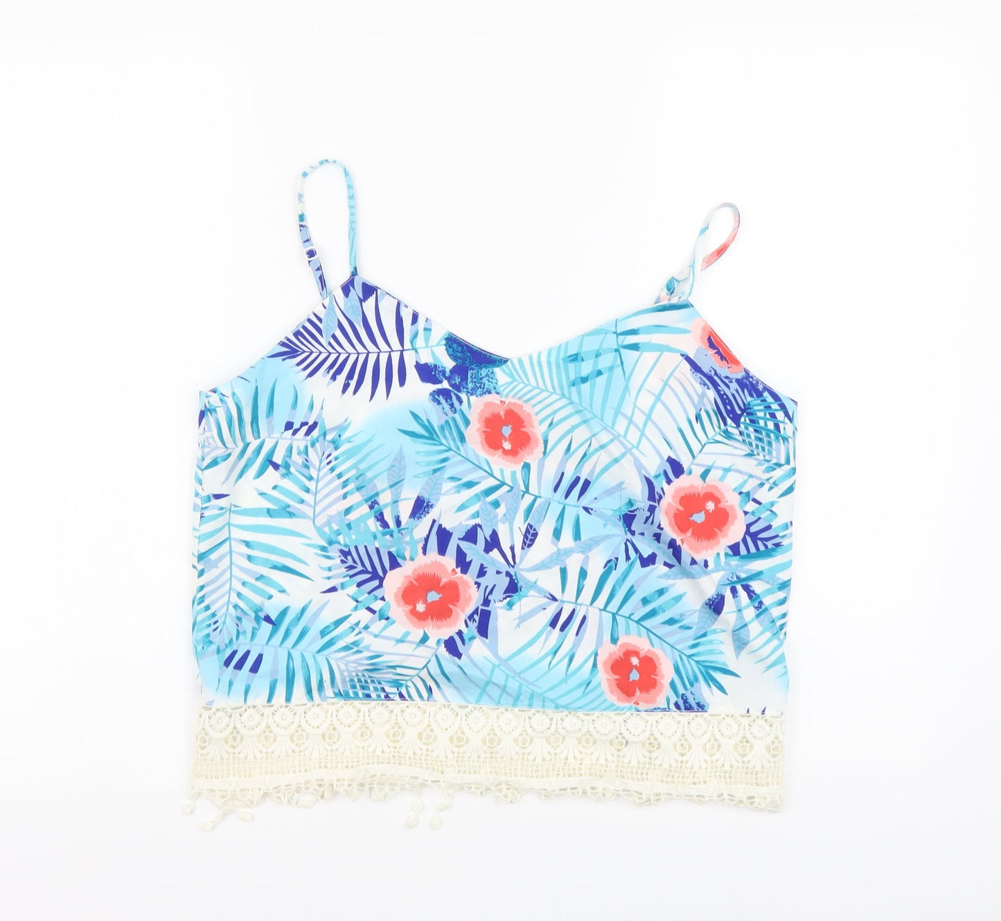 Real Chemistry Womens Blue Floral Polyester Cropped Tank Size 12 V-Neck