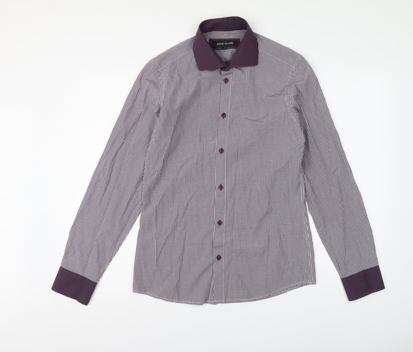 River Island Mens Purple Check Cotton Button-Up Size S Collared Button