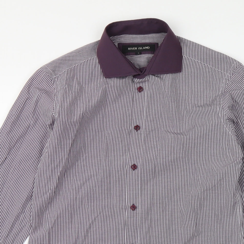 River Island Mens Purple Check Cotton Button-Up Size S Collared Button