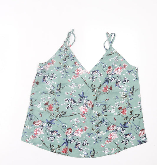 SheIn Womens Green Floral Polyester Basic Tank Size L V-Neck