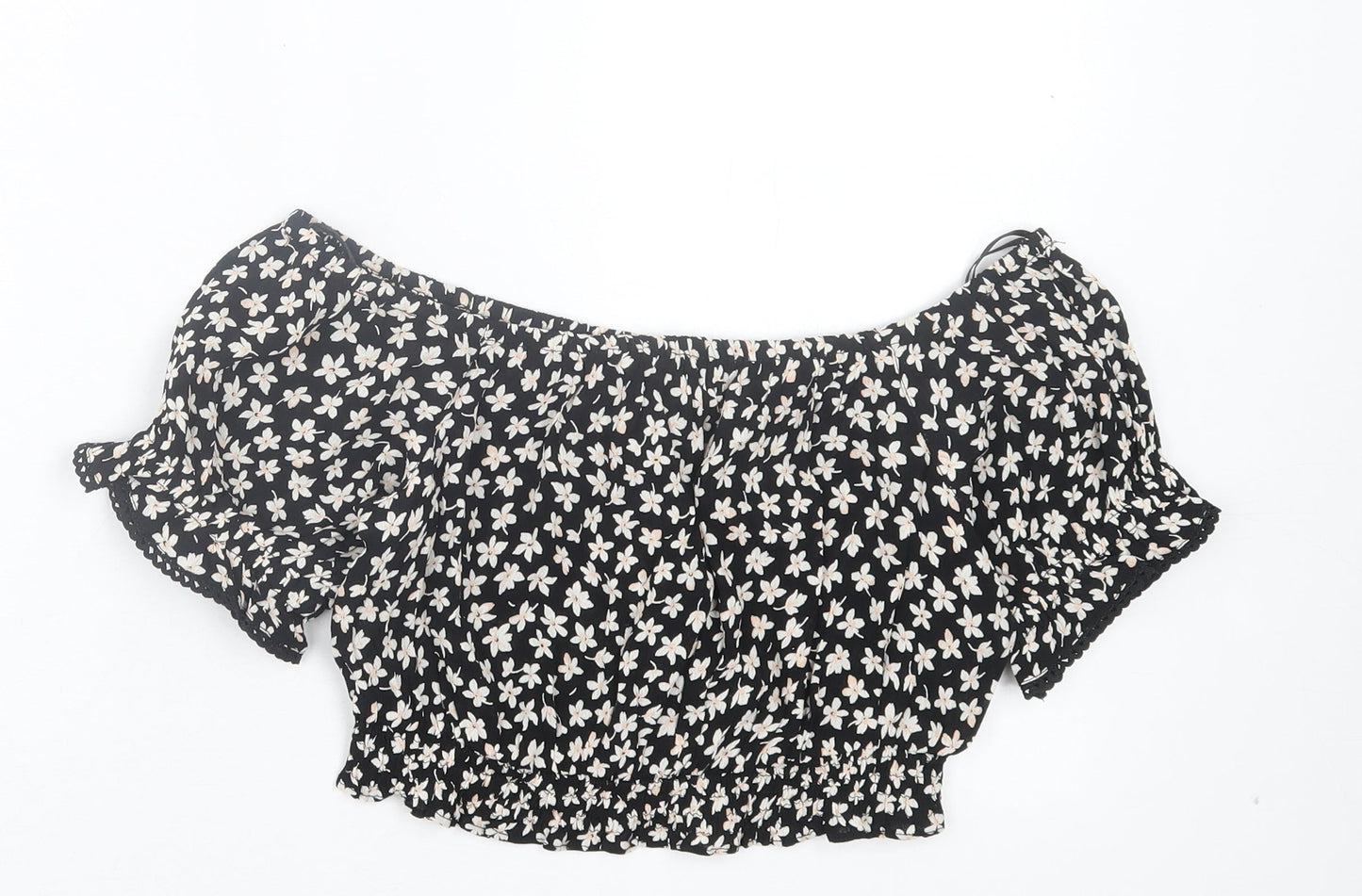 Miss Selfridge Womens Black Floral Viscose Cropped T-Shirt Size 6 Off the Shoulder