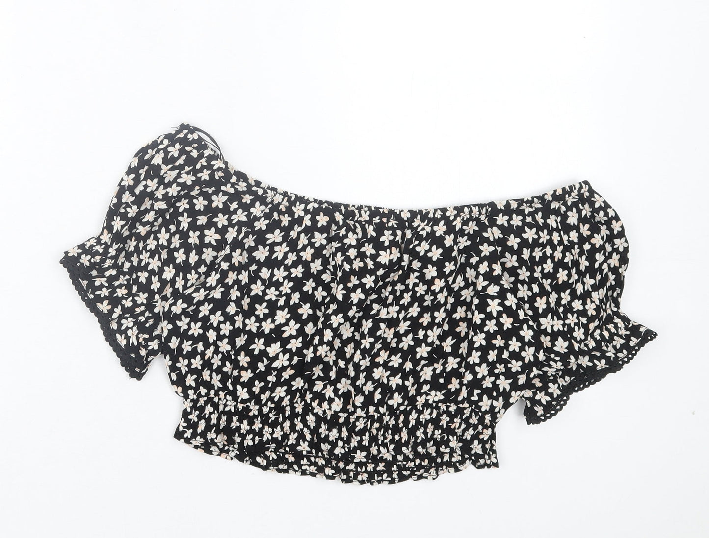 Miss Selfridge Womens Black Floral Viscose Cropped T-Shirt Size 6 Off the Shoulder