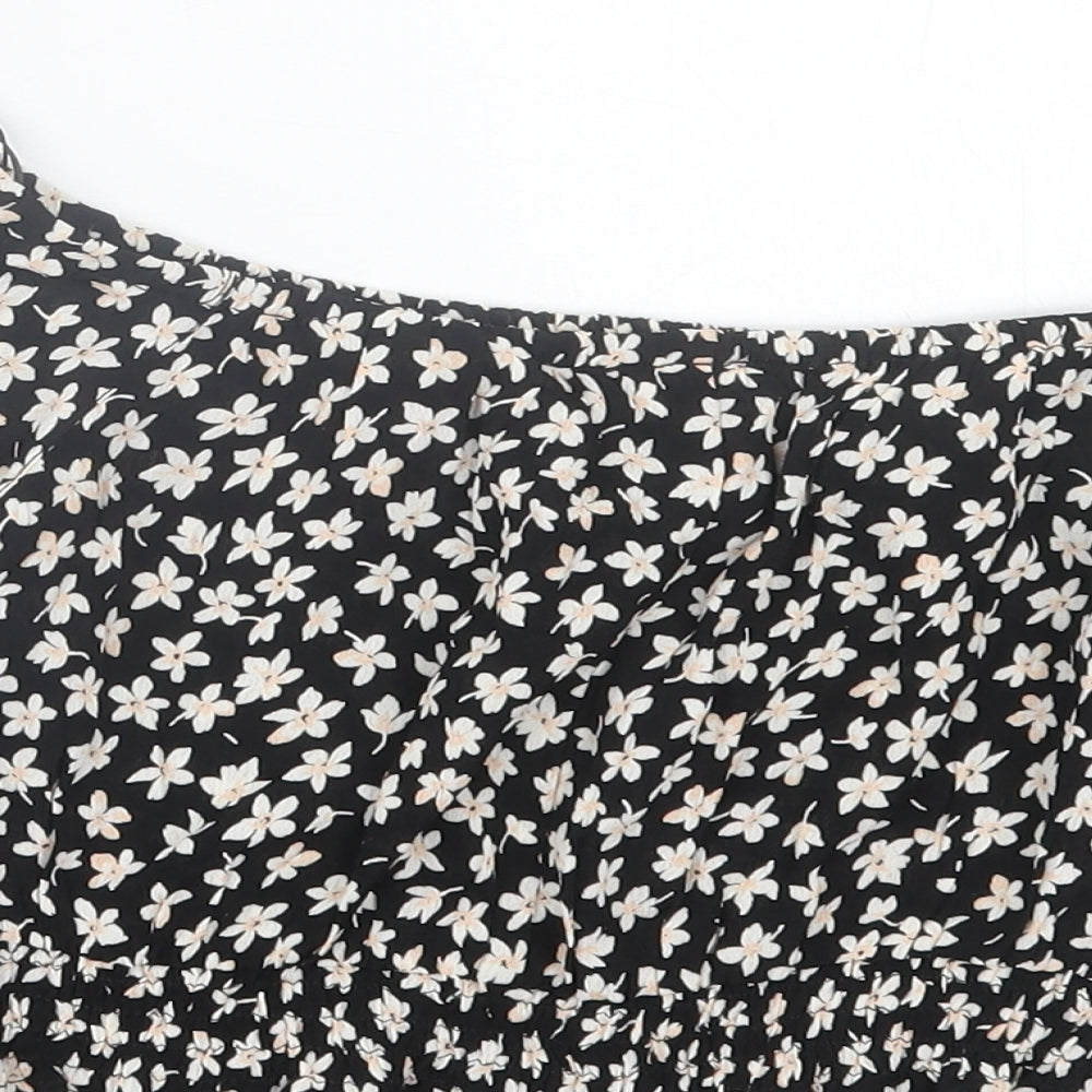 Miss Selfridge Womens Black Floral Viscose Cropped T-Shirt Size 6 Off the Shoulder