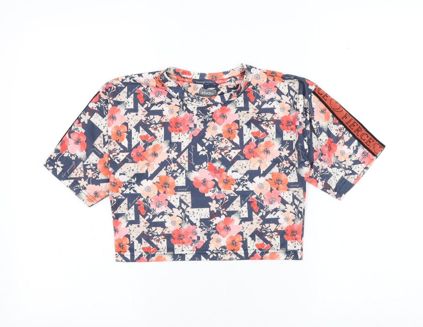 Studio Girls Blue Floral Polyester Basic T-Shirt Size 10-11 Years Round Neck Pullover