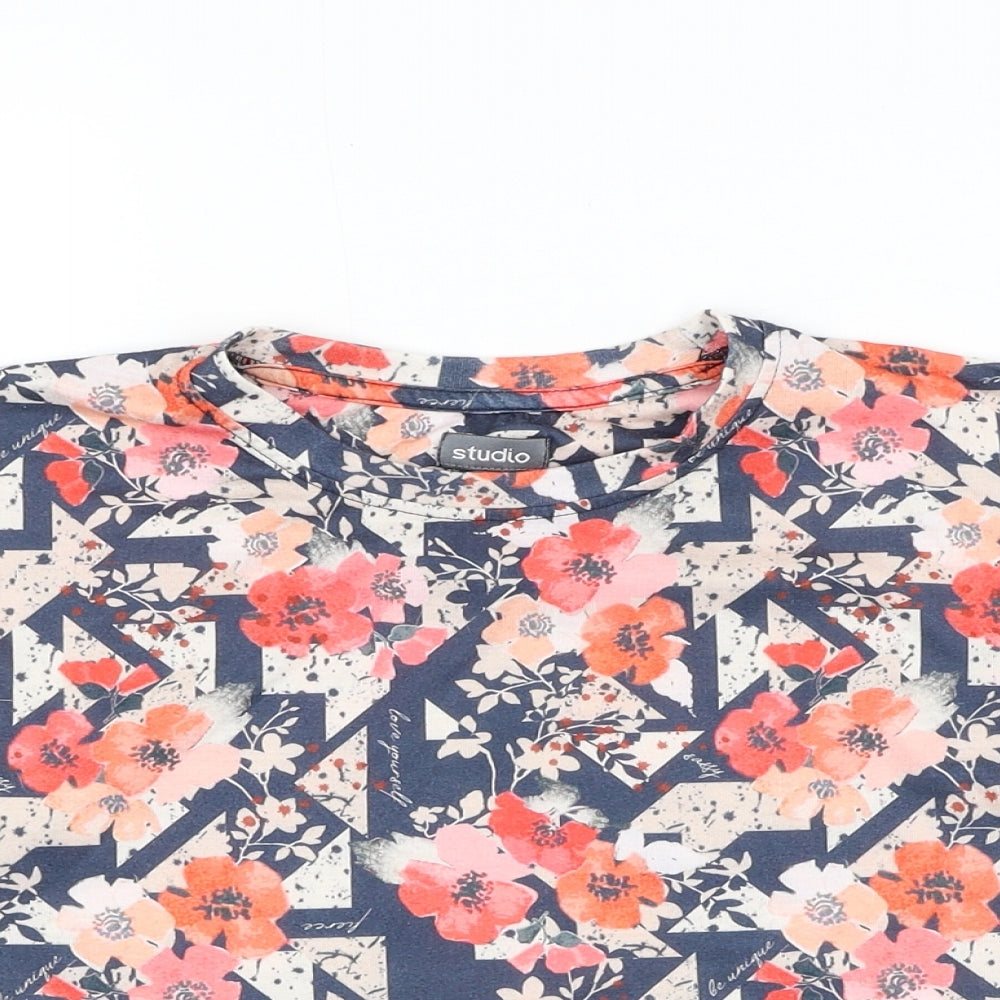 Studio Girls Blue Floral Polyester Basic T-Shirt Size 10-11 Years Round Neck Pullover
