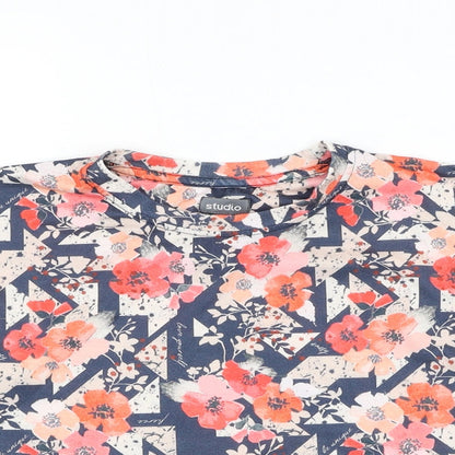 Studio Girls Blue Floral Polyester Basic T-Shirt Size 10-11 Years Round Neck Pullover