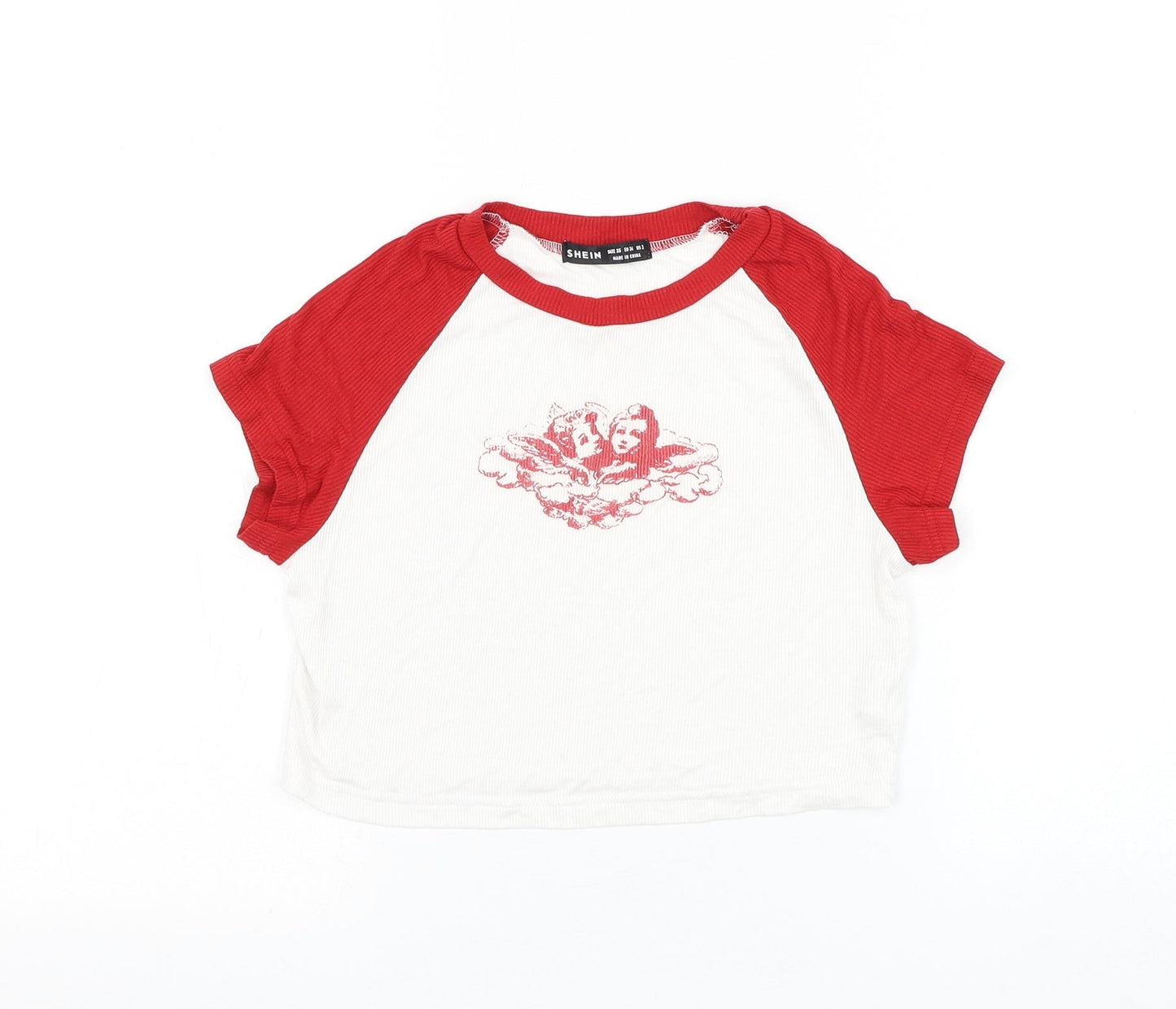 SheIn Womens White Polyester Cropped T-Shirt Size XS Round Neck - Cherub