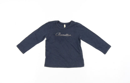 United Colors of Benetton Girls Blue Cotton Pullover T-Shirt Size 12 Months Round Neck