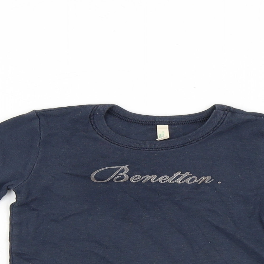United Colors of Benetton Girls Blue Cotton Pullover T-Shirt Size 12 Months Round Neck