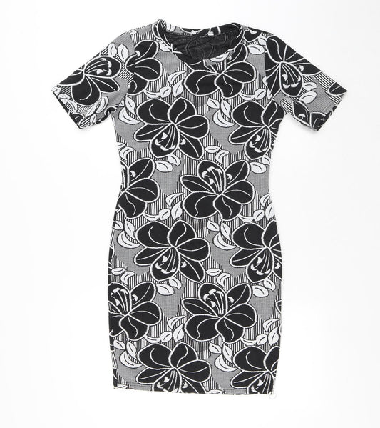 Peacocks Womens Black Floral Polyester A-Line Size 8 Round Neck - Flowers