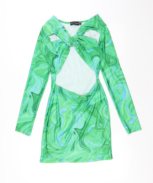 PRETTYLITTLETHING Womens Green Geometric Polyester A-Line Size 6 V-Neck