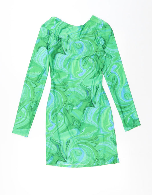 PRETTYLITTLETHING Womens Green Geometric Polyester A-Line Size 6 V-Neck