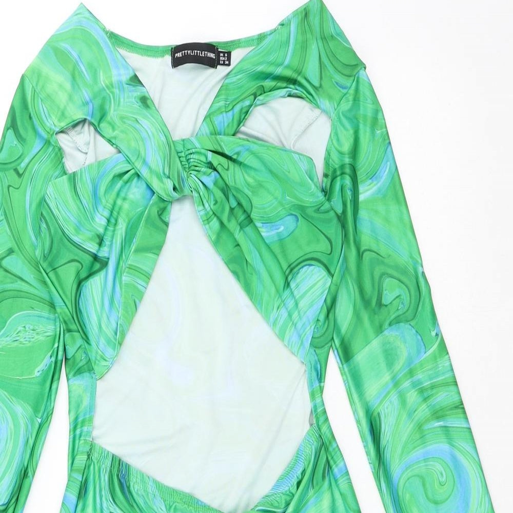 PRETTYLITTLETHING Womens Green Geometric Polyester A-Line Size 6 V-Neck