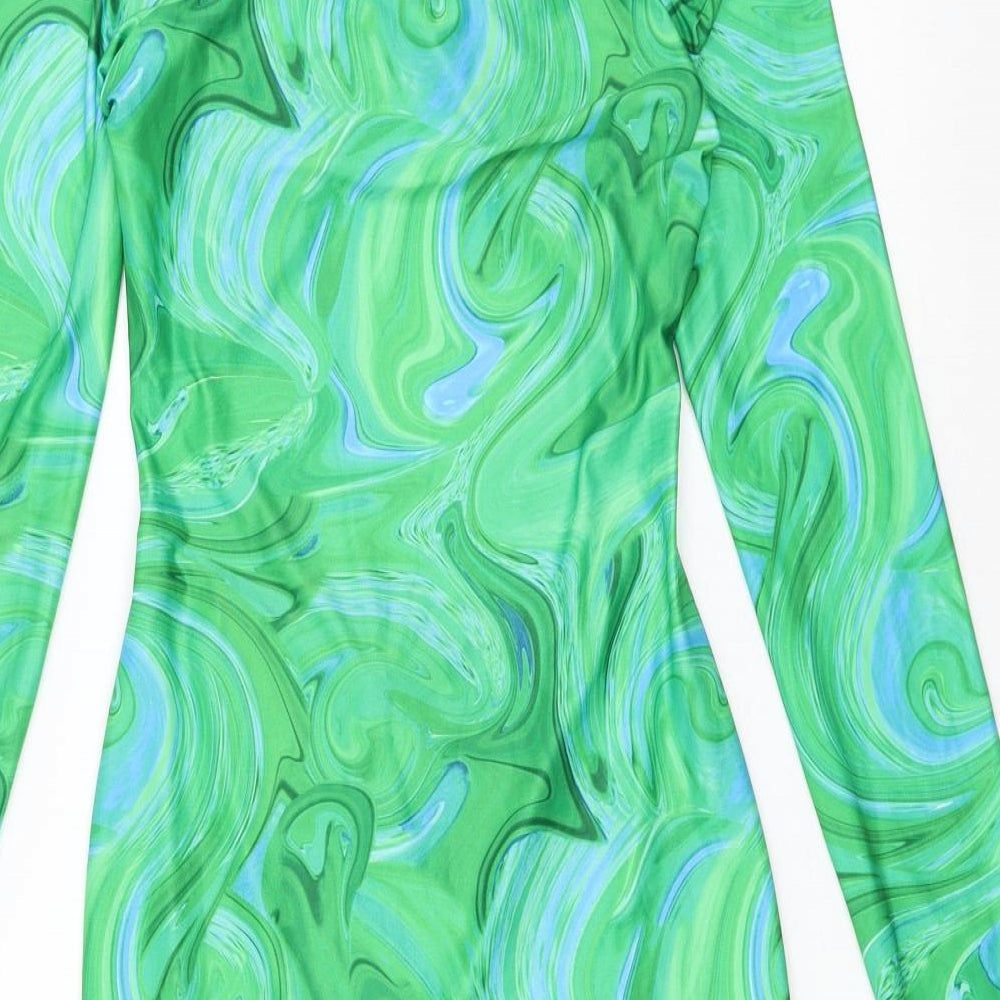 PRETTYLITTLETHING Womens Green Geometric Polyester A-Line Size 6 V-Neck