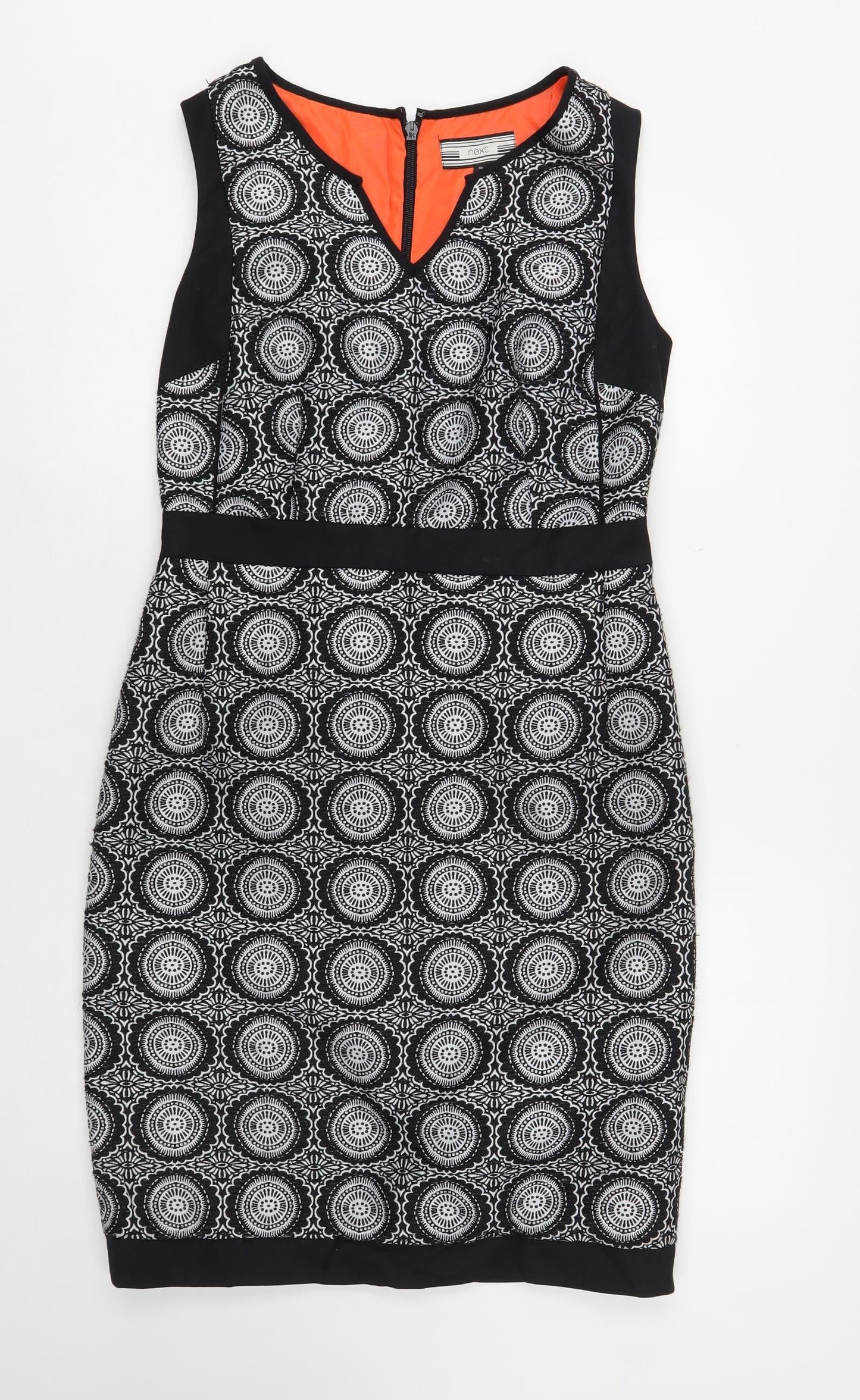 NEXT Womens Black Geometric Polyester Pencil Dress Size 10 V-Neck Zip