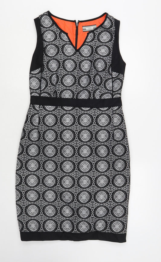 NEXT Womens Black Geometric Polyester Pencil Dress Size 10 V-Neck Zip