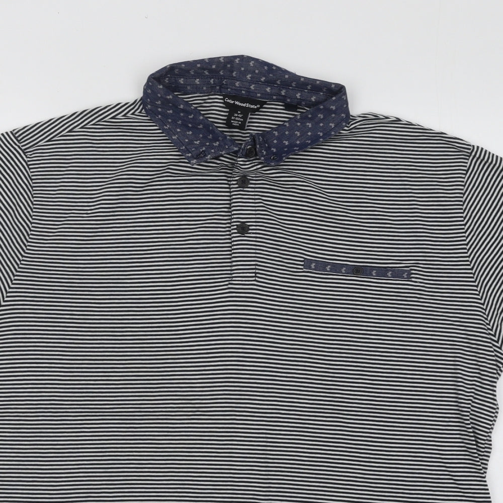 Cedar Wood State Mens Blue Striped Cotton Polo Size M Collared Button