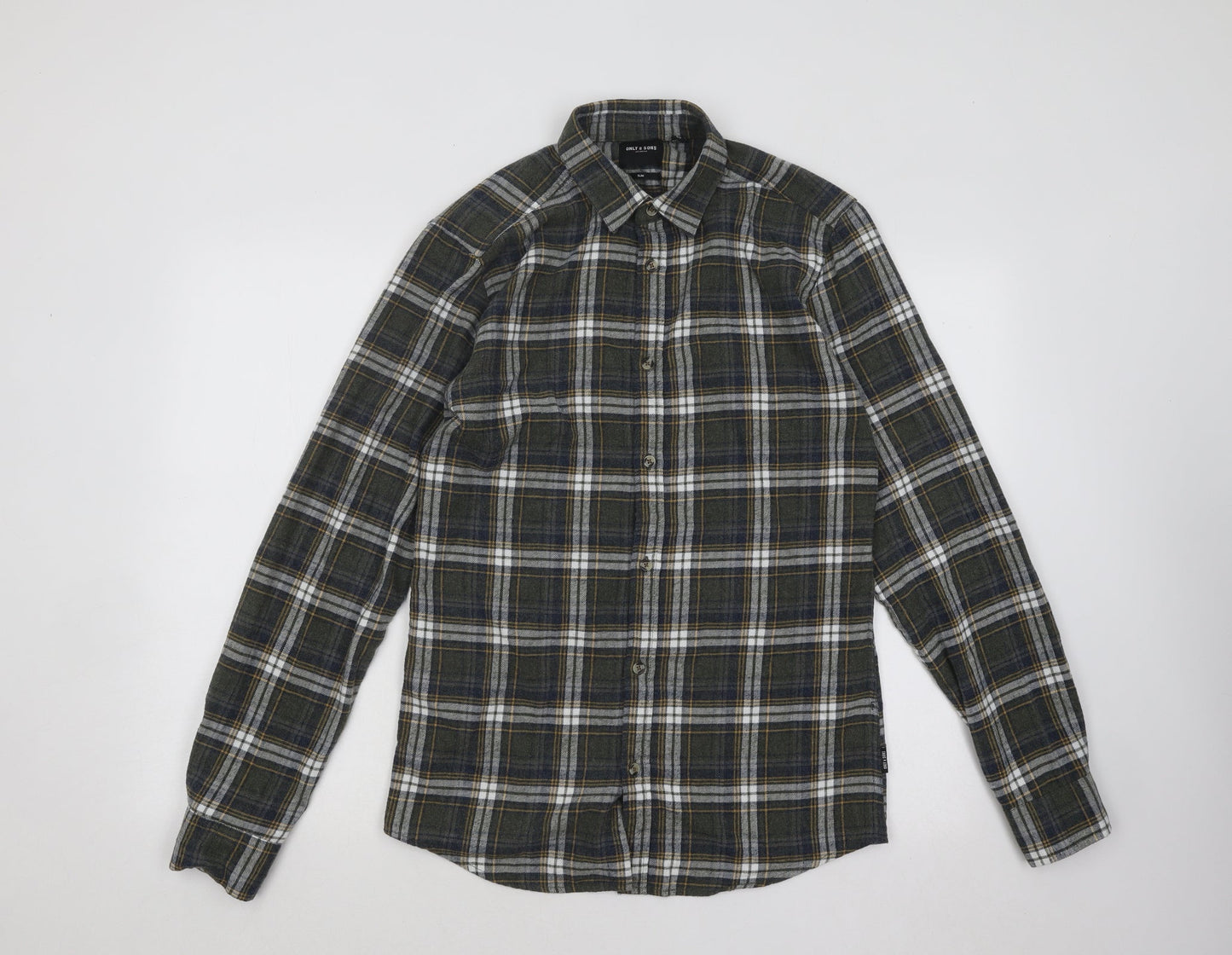Mens UK Size S ONLY & SONS Green  Button-Up Long Sleeve Casual Shirt