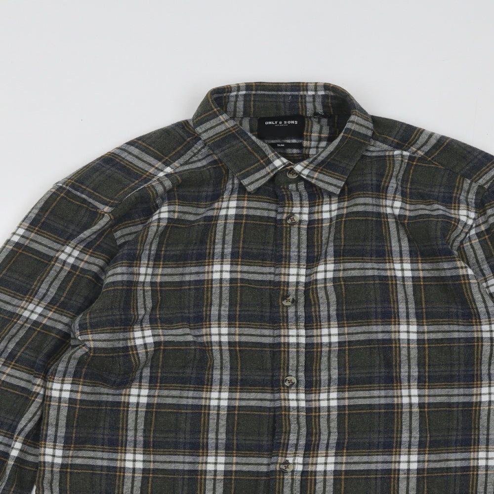 Mens UK Size S ONLY & SONS Green  Button-Up Long Sleeve Casual Shirt