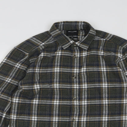 Mens UK Size S ONLY & SONS Green  Button-Up Long Sleeve Casual Shirt