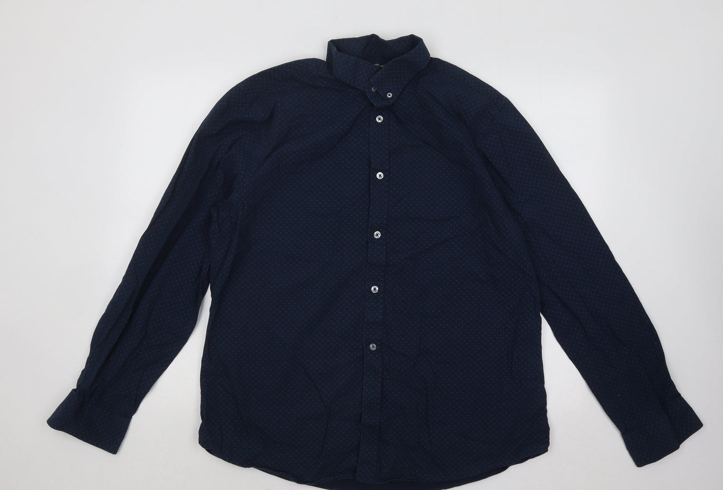 George Mens Blue Geometric Cotton Button-Up Size 16.5 Collared Button