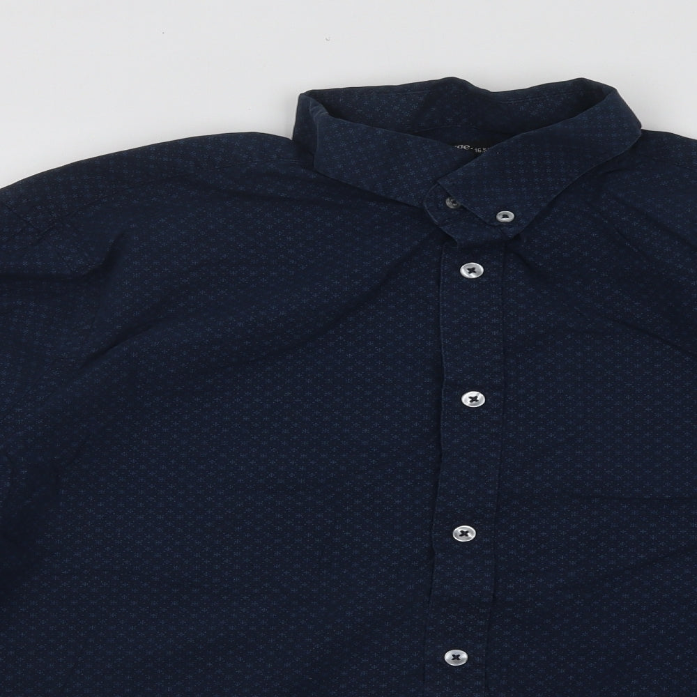 George Mens Blue Geometric Cotton Button-Up Size 16.5 Collared Button