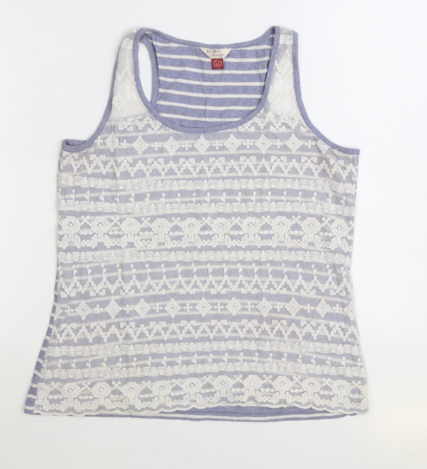Palmer Womens Blue Striped Cotton Basic Tank Size 14 Scoop Neck - Lace front