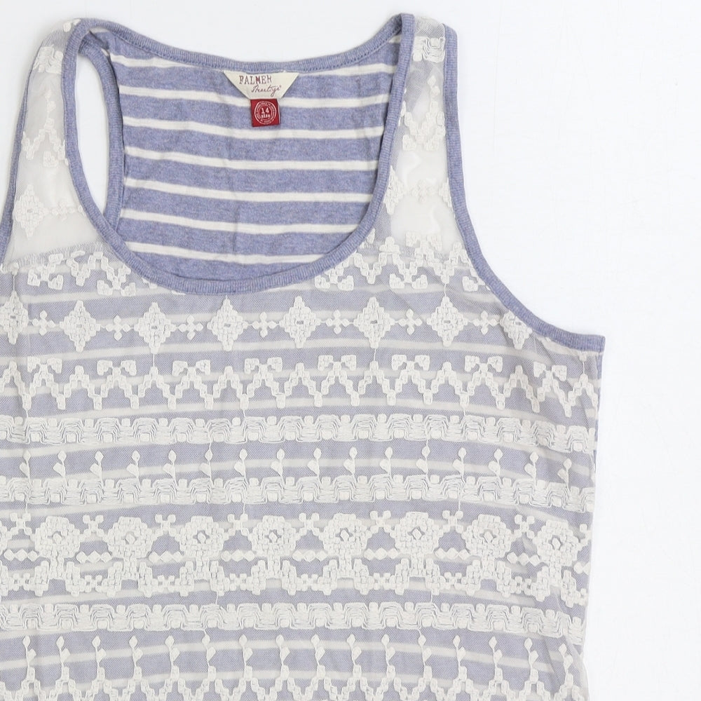 Palmer Womens Blue Striped Cotton Basic Tank Size 14 Scoop Neck - Lace front